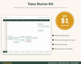 May include: A Tutor Starter Kit digital planner template featuring a weekly schedule grid with time slots, lesson logs, and business checklists. The interface includes text labels like Tutor Starter Kit, Just $1 starter kit, and ChalkAndLedger.