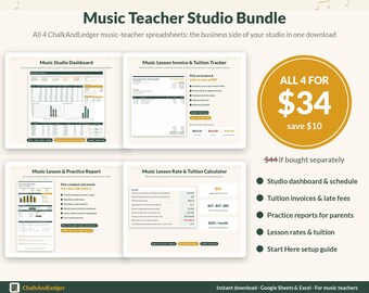 May include: A digital bundle titled Music Teacher Studio Bundle featuring four spreadsheets: Music Studio Dashboard, Music Lesson Invoice & Tuition Tracker, Music Lesson & Practice Report, and Music Lesson Rate & Tuition Calculator for Google Sheets and Excel.