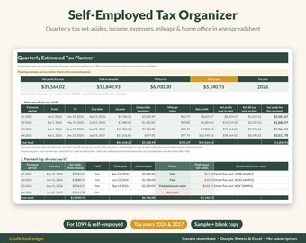 May include: A digital Self-Employed Tax Organizer spreadsheet for 2026 and 2027. The interface features a Quarterly Estimated Tax Planner with columns for income, deductible expenses, mileage, net profit, and payment logs for 1099 workers.