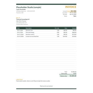 Unedited screenshot of the Freelancer Invoice & Payment Tracker (Invoice tab) spreadsheet with sample data