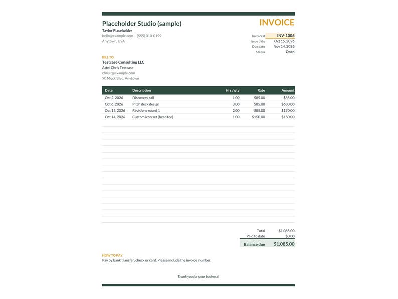 Unedited screenshot of the Freelancer Invoice & Payment Tracker (Invoice tab) spreadsheet with sample data