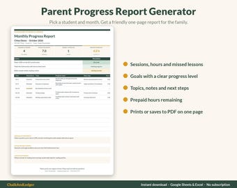 May include: A digital Parent Progress Report Generator template featuring a Monthly Progress Report for a student named Chloe Demo. The document includes sections for sessions, hours, goals, topics, notes, and next steps, with a summary of prepaid hours remaining.
