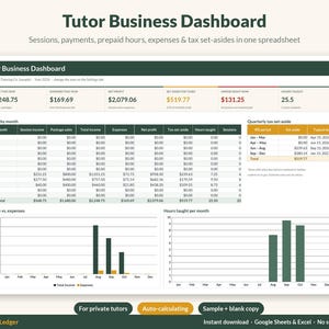 May include: A digital Tutor Business Dashboard spreadsheet template featuring a summary of income, expenses, net profit, tax set-asides, and hours taught. Includes monthly data tables, quarterly tax charts, and bar graphs for income versus expenses.