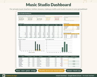 May include: A digital spreadsheet dashboard titled Music Studio Dashboard for private music teachers. It displays financial data, student billing plans, lesson counts, and charts for income and expenses. Includes sections for students at a glance.