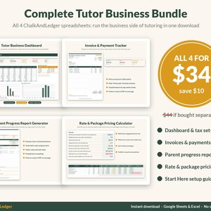 May include: A digital bundle titled Complete Tutor Business Bundle featuring four spreadsheets: Tutor Business Dashboard, Invoice & Payment Tracker, Parent Progress Report Generator, and Rate & Package Pricing Calculator for Google Sheets and Excel.