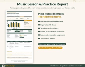 May include: A digital Music Lesson & Practice Report template for Google Sheets and Excel. The document features a bar chart for weekly practice minutes, a repertoire status table, and sections for technique, theory, and lesson notes.
