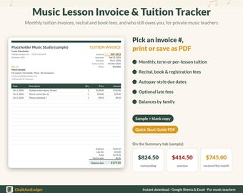 May include: A digital Music Lesson Invoice & Tuition Tracker template for music teachers. The document features a sample tuition invoice, a list of tracking features, and a summary tab displaying outstanding, overdue, and received payment totals.