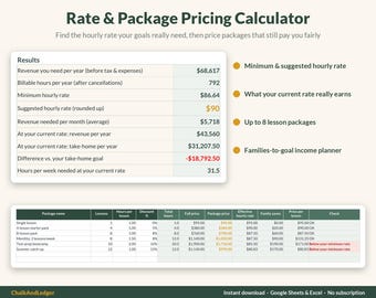 May include: A Rate & Package Pricing Calculator spreadsheet template featuring a results table with financial data, hourly rates, and a package pricing grid. The document includes text labels for revenue, billable hours, and lesson packages.
