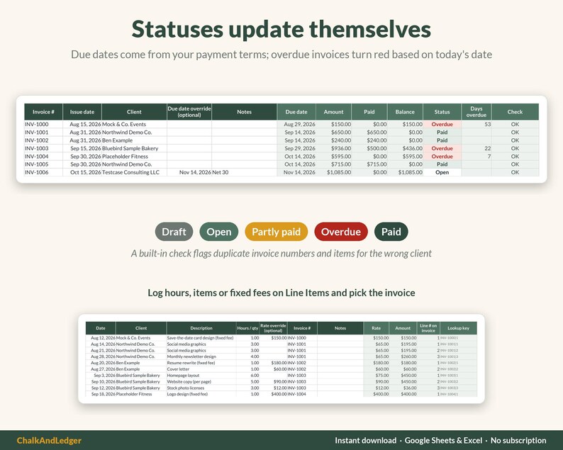 Invoice list with automatic Draft, Open, Partly paid, Overdue and Paid statuses