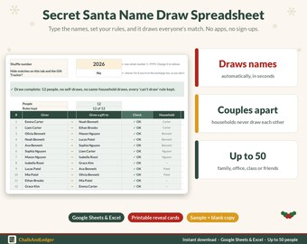 May include: A digital Secret Santa Name Draw Spreadsheet for Google Sheets and Excel. The interface displays a name list, shuffle number 2026, and rules for 12 people. Features include automatic name drawing, couple separation, and support for up to 50 people.