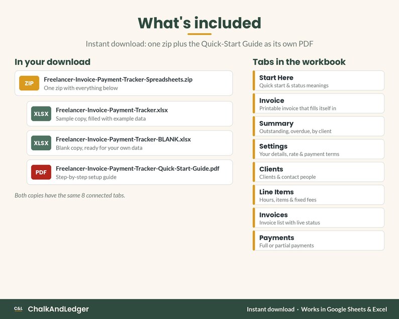 Files in the download: zip with sample and blank spreadsheets and the quick-start guide