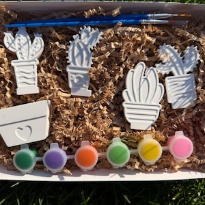 Pode incluir: Um kit de artesanato branco contendo quatro figuras de cacto de cerâmica sem pintura, um vaso de cerâmica sem pintura com um recorte de coração, dois pincéis azuis e uma tira de seis potes de tinta verde, roxo, laranja, verde claro, amarelo e rosa.