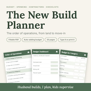 May include: The New Build Planner is a digital document featuring sections for budget, spending, contractors, and checklists. It includes an order of operations, a budget dashboard, and budget by category pages with fillable PDF fields.