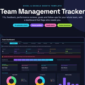 May include: A digital Team Management Tracker template for Excel and Google Sheets. The interface features a dark theme dashboard with colorful data visualizations, including pie charts, bar graphs, and metrics for team health, 1:1s, and goals.