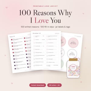 Könnte beinhalten: Ein druckbares Liebesglas-Set mit dem Text 100 Reasons Why I Love You. Das Set enthält Blätter mit 100 geschriebenen Gründen, 100 Ausfüllzetteln sowie runden Glasetiketten und Anhängern. Das Design ist in sanften Rosa- und Weißtönen gehalten.