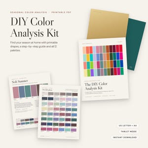 May include: A DIY Color Analysis Kit featuring multiple printed pages with grids of various color swatches, including a Soft Summer palette sheet. The text reads DIY Color Analysis Kit, The DIY Color Analysis Kit, US Letter + A4, Tablet Mode, and Instant Download.