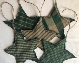 Fabric Christmas tree stars, handmade, quilted, hanging fabric star ornaments, country primitive, set of five