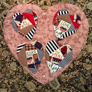 Valentine’s Day gift set of quilted heart mug rugs, coasters with storage fold out quilted heart table topper all handmade
