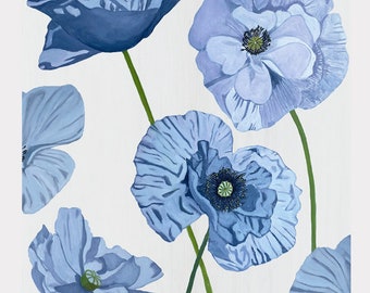 Large Art Print:  Blue Poppies on Pale Grey