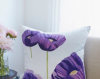 Throw Pillow:  Purple Poppies on Snow