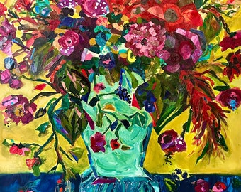 GICLEE Print on Canvas Abstract Contemporary Mixed Media Flower Painting Floral Still Life Vibrant Colorful Floral Collage