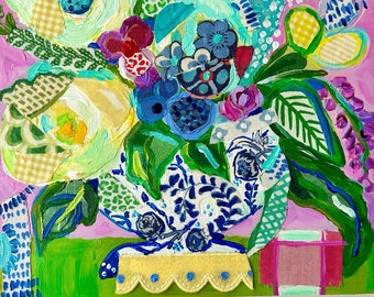 Blue and White Ginger Jar Flower Painting Floral Still Life Original Mixed Media Painting Garden Chintz pink and GREEN