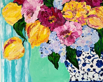 Blue and White Ginger Jar Flower Painting Floral Still Life Original Painting Pink Peonies and Yellow Tulips