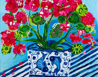 RED Geraniums Painting Collage Painting Blue and White Ginger Jar Still Life Original Mixed Media Painting Abstract Flower Art