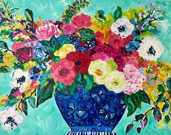Blue Ginger Jar Floral Painting with Butterflies Giclee Art Print on Canvas