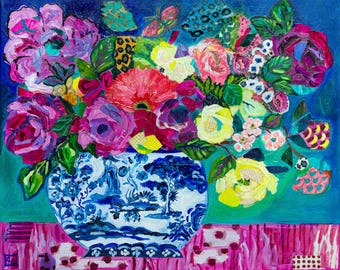 Chinoiserie Floral Art Print: Blue and White Ginger Jar Still Life