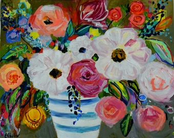 Large Bold Abstract, Floral Still LIfe, Bright Bouquet, Ginger Jar, Flowers,  GICLEE PRINT Reproduction on canvas