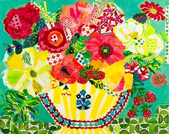 Strawberry Flower Still Life: Whimsical Ginger Jar Art Giclee Print