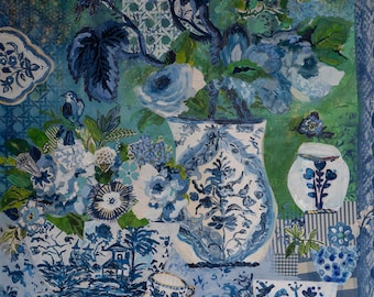 Delft Blue Garden Blue and White Ginger Jars with Green, Floral Chinoiserie Abstract Painting Fine Art Giclee Print