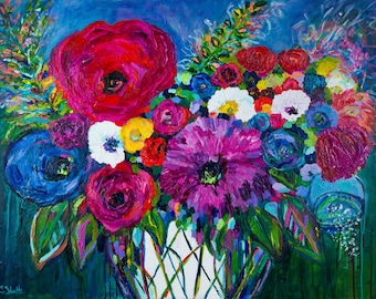 Large Abstract Floral Art Print: Bold Colorful Flower Giclee on Canvas