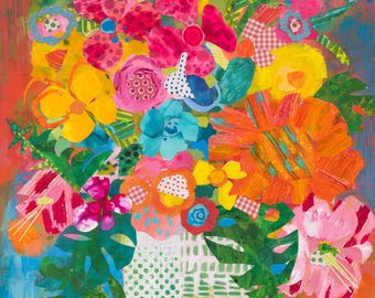 Large Abstract Tropical Floral Whimsical Palm Leaf, Oranges and Orchids Abstract Painting Fine Art Canvas Print