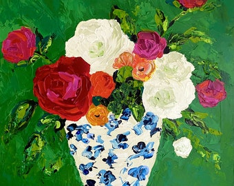 Floral Still Life Art Print: Blue and White Ginger Jar, Expressionistic Flowers