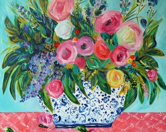 Flowers in Blue and White Ginger Jar, Floral Still Life, GICLEE PRINT, Coral and Aqua, Colorful Blooms, "Ellie" by Carolyn Shultz