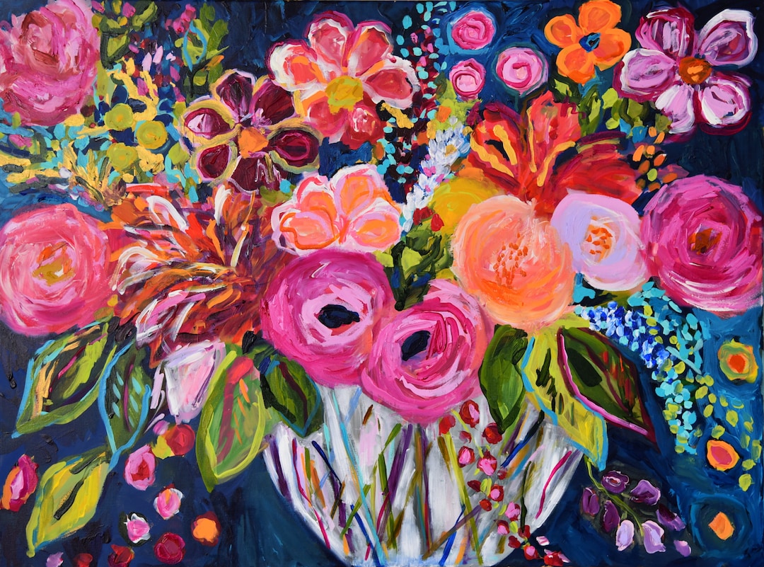 Fine Art Print Hand Painted Canvas Print Large Still Life Abstract Flowers Colorful Bold