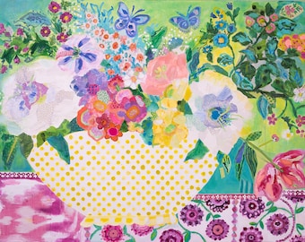 Whimsical Polka dot Ginger Jar With Flowers and Butterflies Canvas Print Giclee