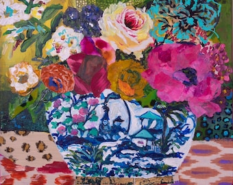 Chinoiserie Ginger Jar with Abstract Jewel toned Bold Floral Still Flife