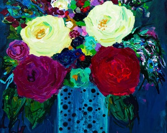 Navy Blue Floral Giclee Print: Contemporary Still Life Art