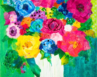 Floral Bouquet Giclee Print: Whimsical Mixed Media Still Life