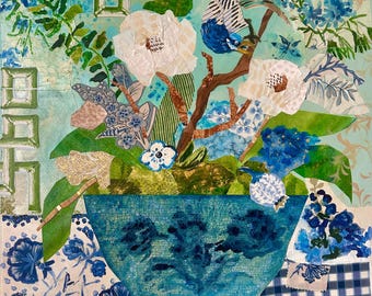 Chinoiserie Floral Art Print: Blue and White, Orchids  and  Bamboo with Bird by Carolyn Shultz