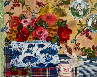 Ralph Lauren Inspired Still Life with Blue and White Ginger Jar Floral Whimsical Birds and Woodland Spode Plates