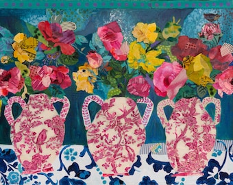 Whimsical Ginger Jars Floral Canvas Print, Abstract Chinoiserie Collage Art