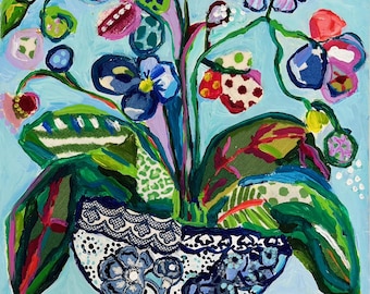 Chinoiserie Ginger Jar Orchid Print, Whimsical Floral Art Paper (Fine Art Giclee)