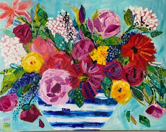 Large Bold Abstract Floral Still Life Bright Abstract Flower Painting matisse style whimsical collage mixed media happy art