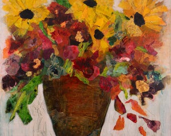 ABSTRACT Sunflowers Giclee Canvas Print, Autumn floral still life, Framed Canvas Yellow Floral, Delight