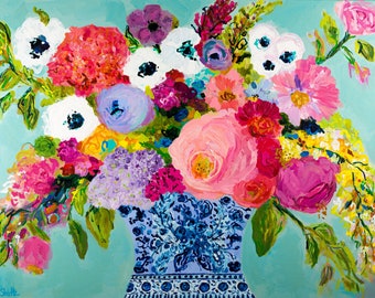Ginger Jar Floral Canvas Print: Abstract Peonies Still Life