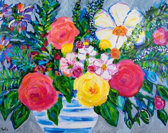 Large Bold Abstract, Floral Still LIfe, Bright Bouquet, Ginger Jar, Flowers,  GICLEE PRINT Reproduction on canvas
